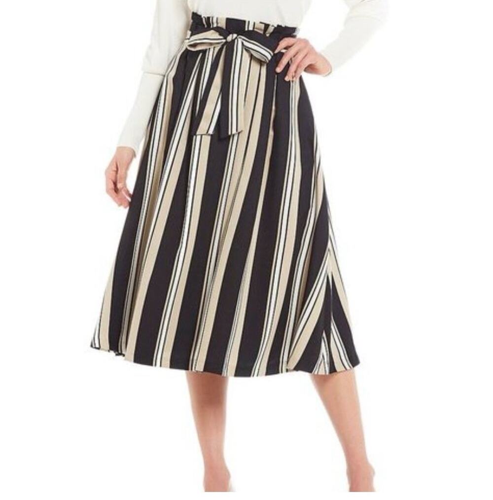 Antonio Melani Black Stripe Paperbag Midi Skirt Gathered Size 14 Tie Bow Belt
